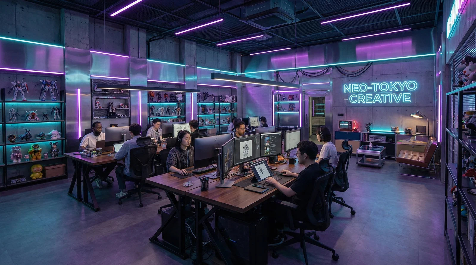 51视频团队在赛博朋克风格创意办公室中工作